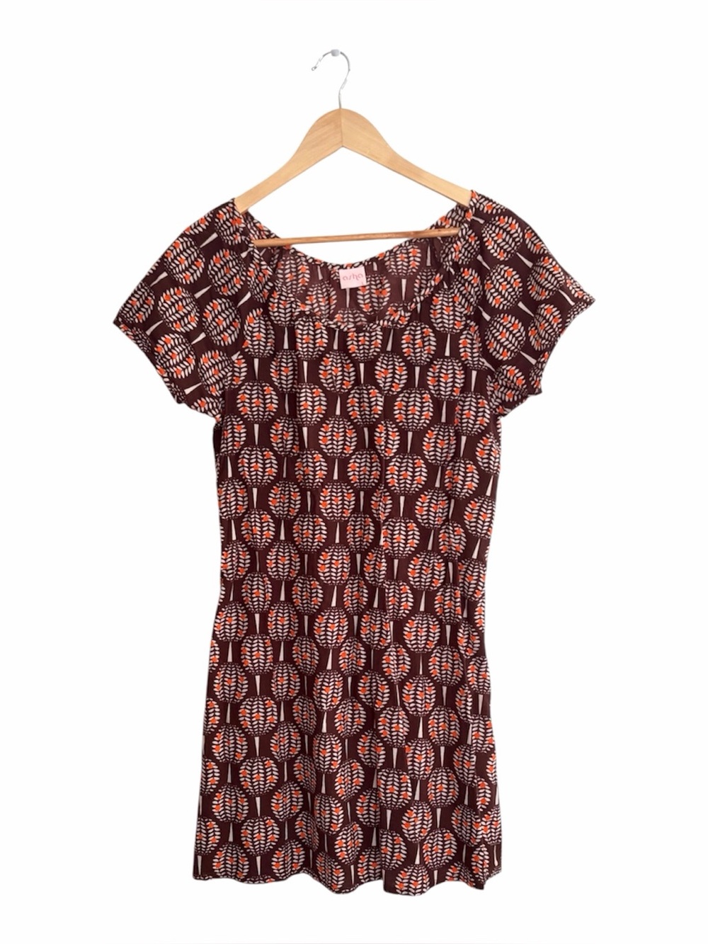 Asha Brown Geometric Tree Short Sleeve Cotton Dress Large